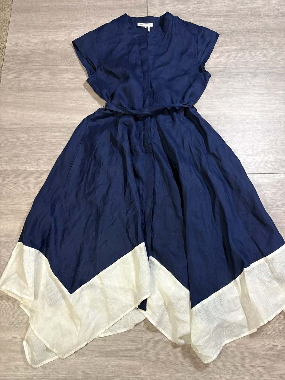 DKNY Pure Navy and White Colorblock Asymmetric Hem Midi Dress with Belt Size 4